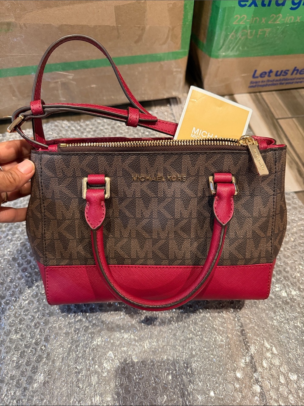 Michael Kors Brown & Red Logo Satchel with Gold Hardware